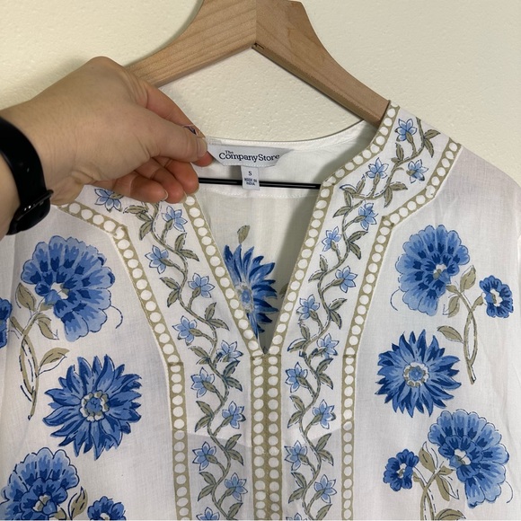 THE COMPANY STORE Bohemian Voile Printed Blue & White Caftan Dress - Picture 4 of 8